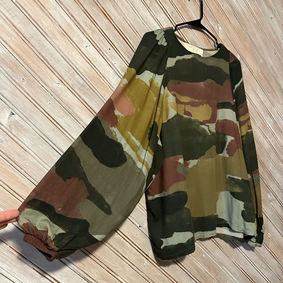 Pan Earthy Camo Water Colour Print Long Sleeve Blouse Olive Multi Flowing - Picture 3 of 6